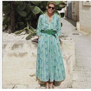 Tuckernuck Nimo With Love Palm Tree Striped Green Maxi Dress 100% Cotton